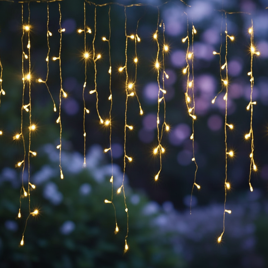 Eiszapfen Lichterkette LED warmweiss als Garten-Highlight am Sommerabend zwischen Pflanzen