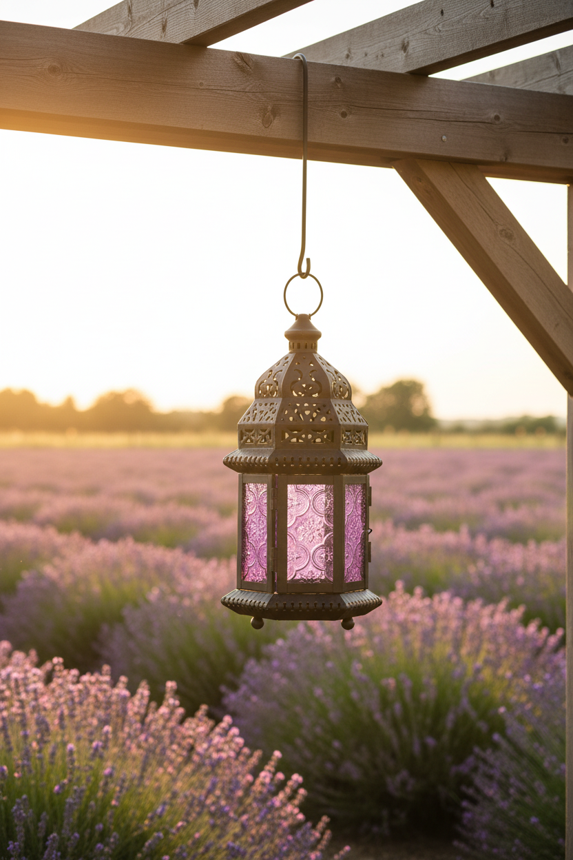 Schwarze Metall-Gartenlaterne Lila mit Marokko-Ornament und Aufhänge-Ring für Outdoor