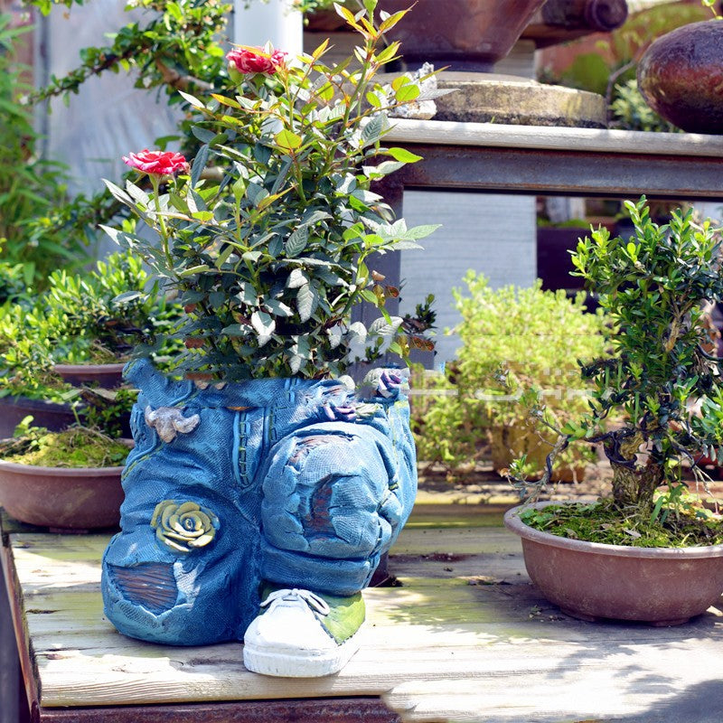 Jeans Blumentopf Gartenfigur Pflanzgefäss Deko