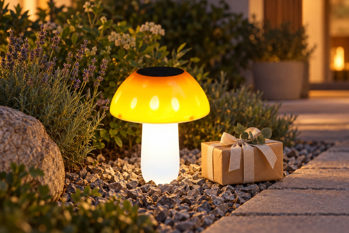 Solar Pilzleuchte am Gartenweg mit Geschenk, Geschenkidee für Gartenfreunde