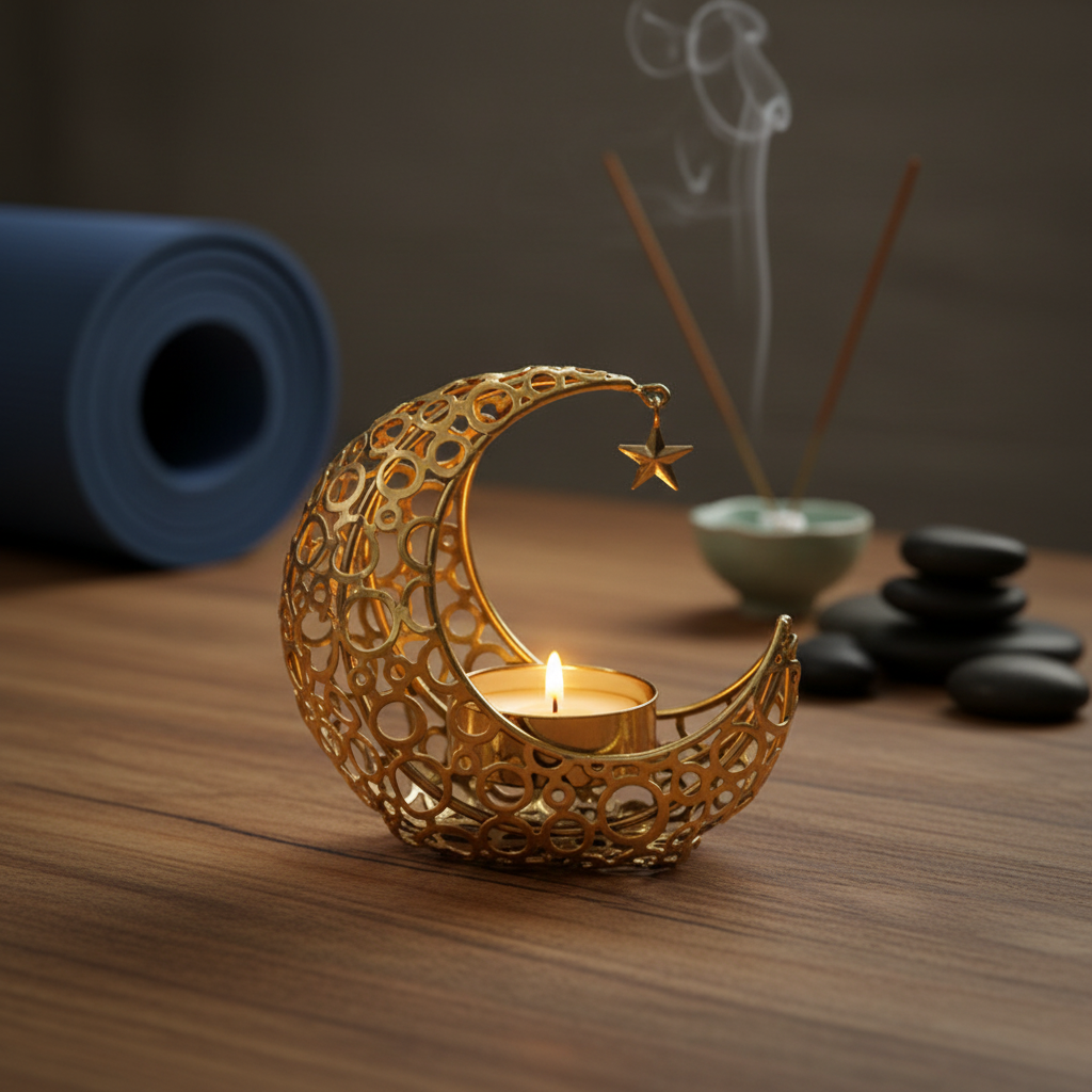 Kleine Weihnachtsgeschenke: goldener Mond-Teelichthalter mit brennender Kerze, Räucherstäbchen und Steinen