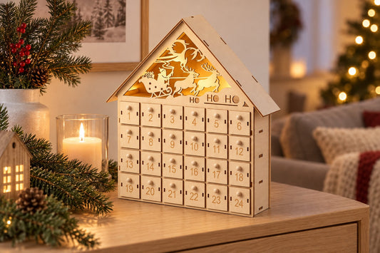 Adventskalender zum Befüllen als Holzhaus mit 24 Schubladen, beleuchteter Fassade und Tannenzweigen