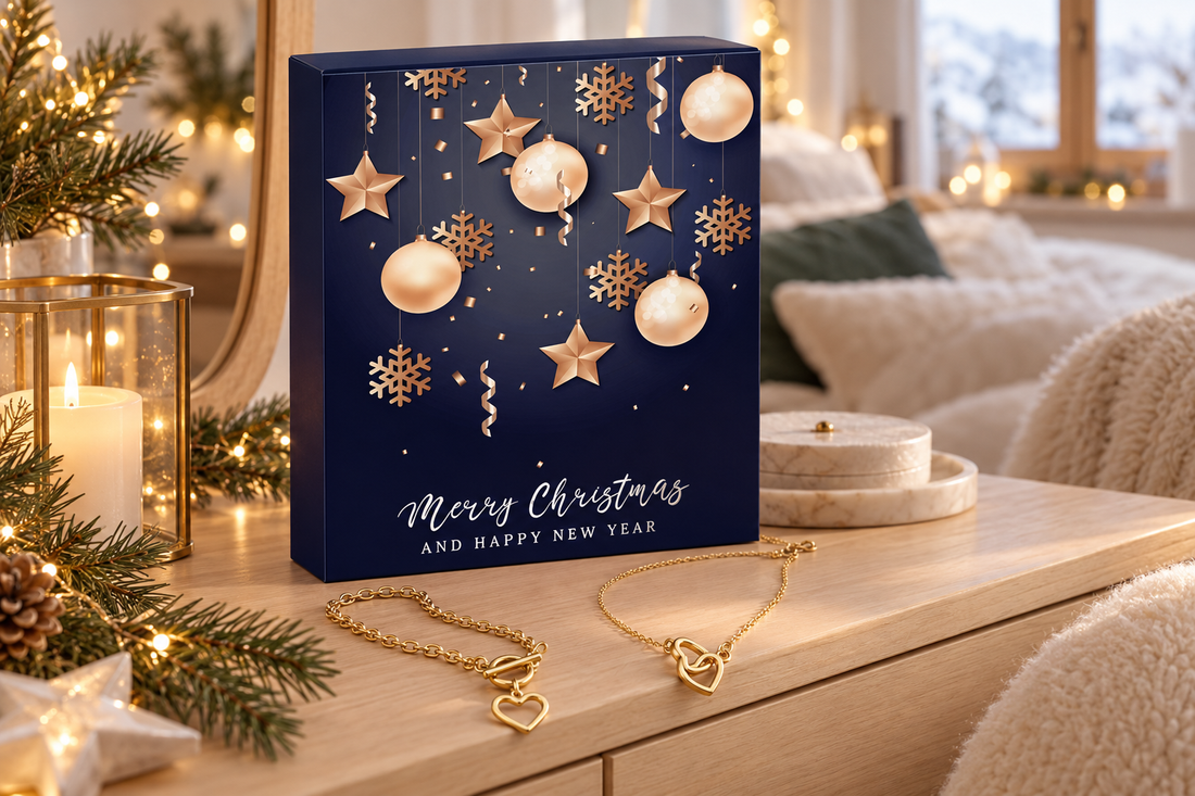 Schmuck-Adventskalender in nachtblauer Sternenbox auf einer Kommode, davor goldene Ketten