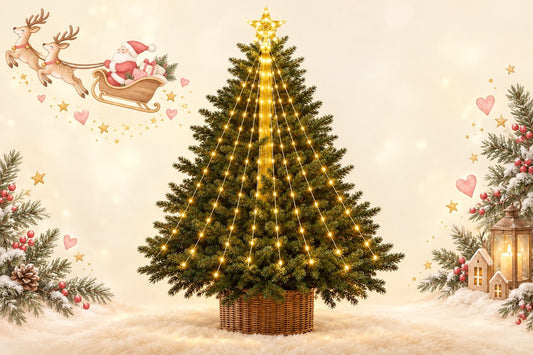 Weihnachtsbaum mit warmweisser Wasserfall Lichterkette und leuchtendem Stern an der Spitze