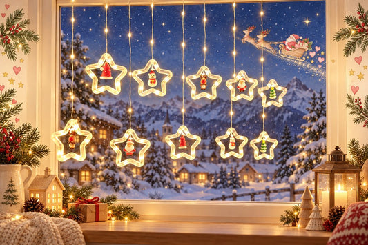 Warmweisser Lichtervorhang mit Sternen am Fenster, Sterne zu Weihnachten als leuchtende Fensterdeko