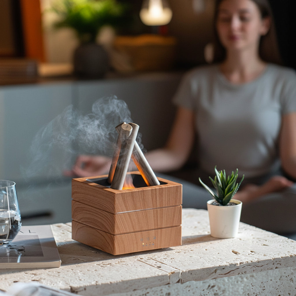 Lagerfeuer Aroma Diffuser in Weiß und mit Fernbedienung - ideal für Aromatherapie und Entspannung.