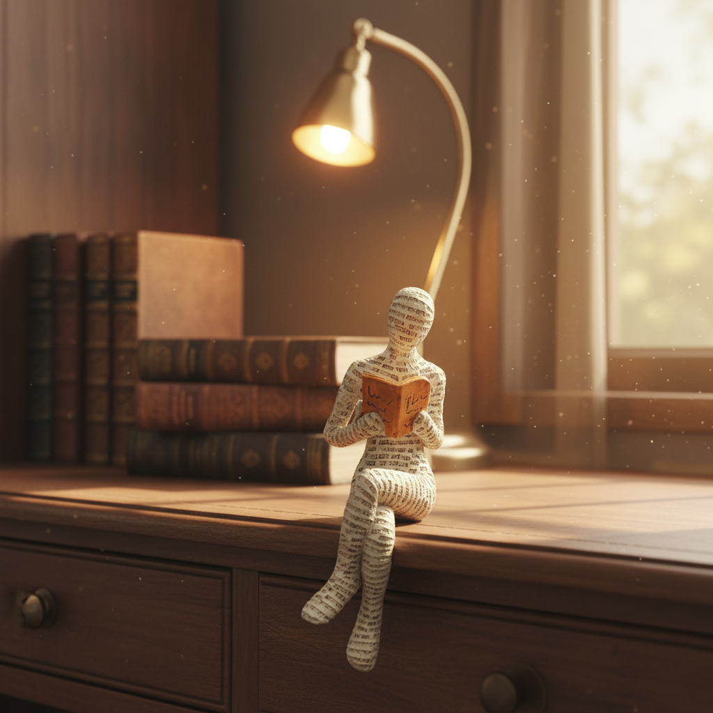 Die große Lesende Frau Skulptur, gefertigt aus hochwertigem Kunstharz mit einem eleganten Buchseiten Design.