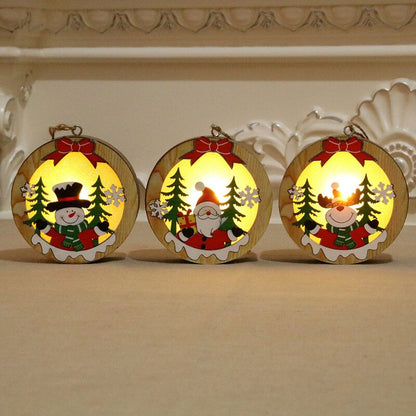 Leuchtende Holz Weihnachtsanhänger LED – Drei runde Anhänger mit fröhlichen Weihnachtsmotiven, perfekt für die Winterdeko.