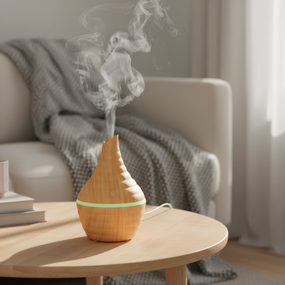 Kompakter Mini Aroma Diffuser USB Holzoptik, perfekt für Reisen und unterwegs, elegant und praktisch.