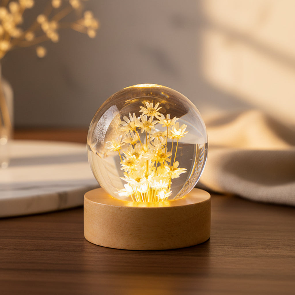 Kristallkugel Nachtlicht 6 cm Gelbe Gaensebluemchen Glaskugel Nachtlampe Holzsockel