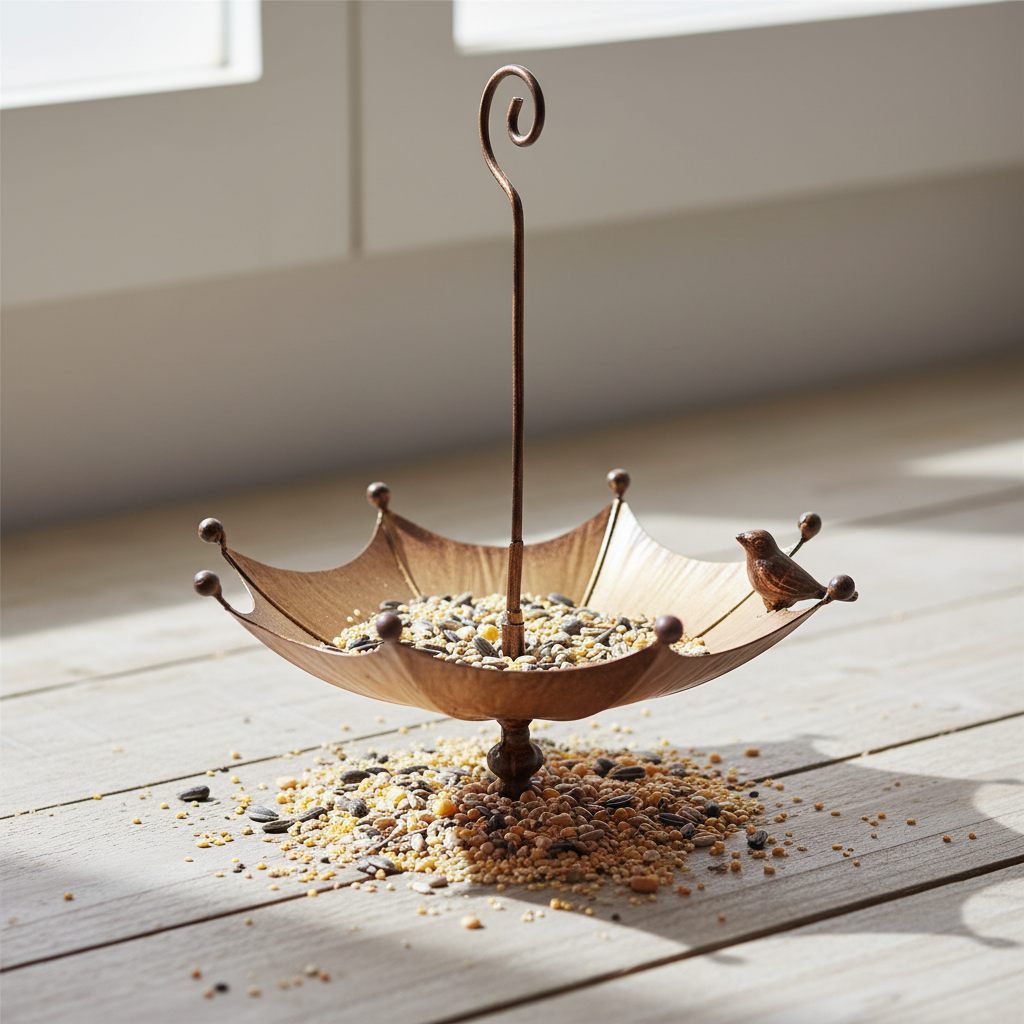 Hängendes Vogelfutterhaus im Regenschirm-Design aus Bronze-Metall mit Vogelfutter auf hellem Holzboden