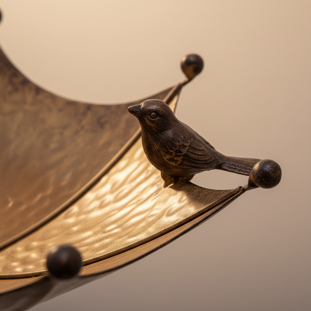 Detailaufnahme der kleinen Vogelfigur aus Bronze am Rand des umgedrehten Regenschirm-Futterspenders