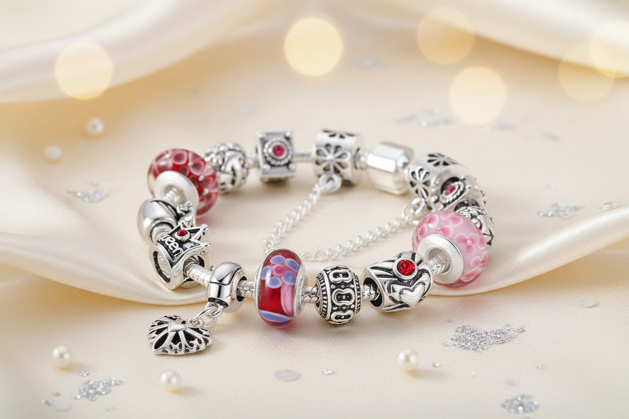 Murano Glas Charm Armband – Venezianische Eleganz für dein Handgelenk, detailierte Ansicht mit bunten Glasperlen