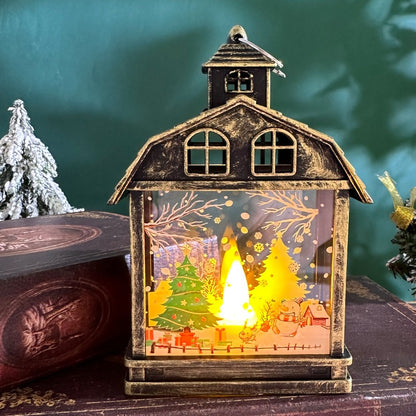 Bronzefarbene Weihnachtslaterne mit Tannenbaum-Motiv und LED-Flackerlicht