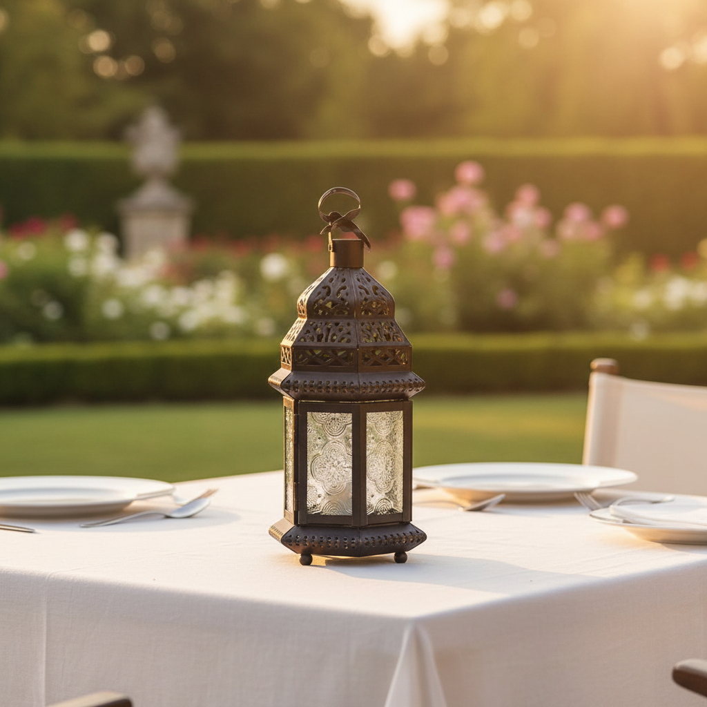 Schwarze Metall-Gartenlaterne mit klarem Glas und Marokko-Ornament für eleganten Garten und Eingang