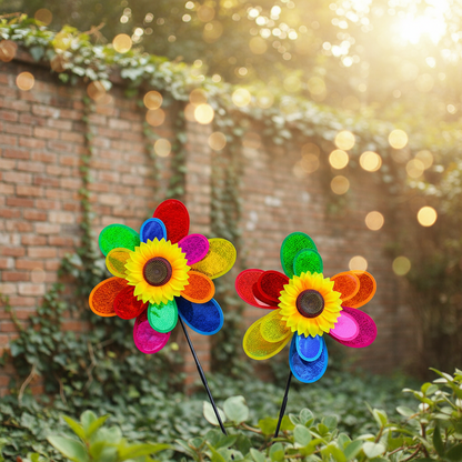 Zwei bunte Sonnenblumen Windräder im Garten – Pailletten Deko nebeneinander