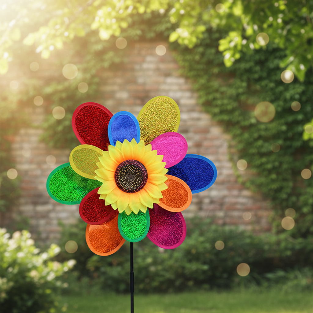 Sonnenblumen Windrad mit Pailletten – Bunte Gartendeko im Sonnenlicht