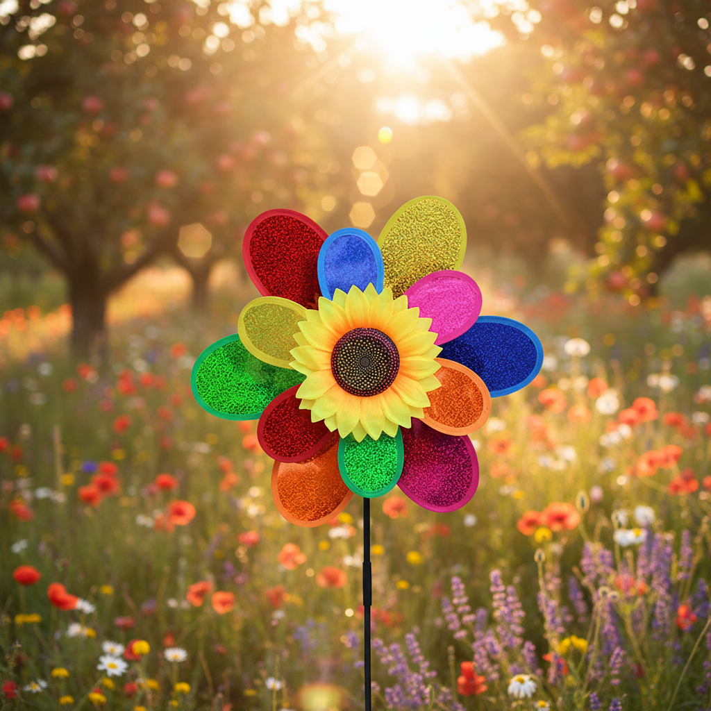 Buntes Windrad Garten – Sonnenblumen Windspiel mit schimmernden Pailletten