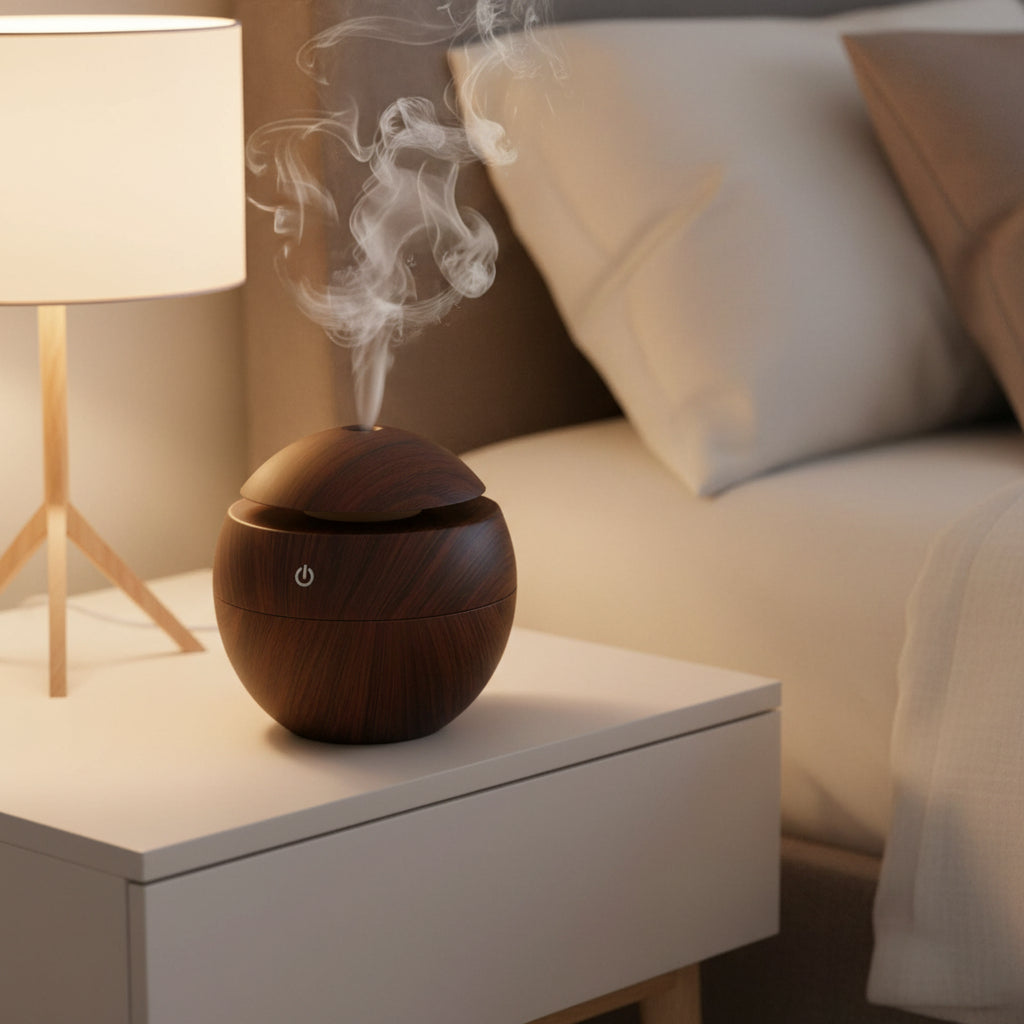 Mini Aroma Diffuser Holzoptik in runder Form, perfekte Deko für Ihr Zuhause.