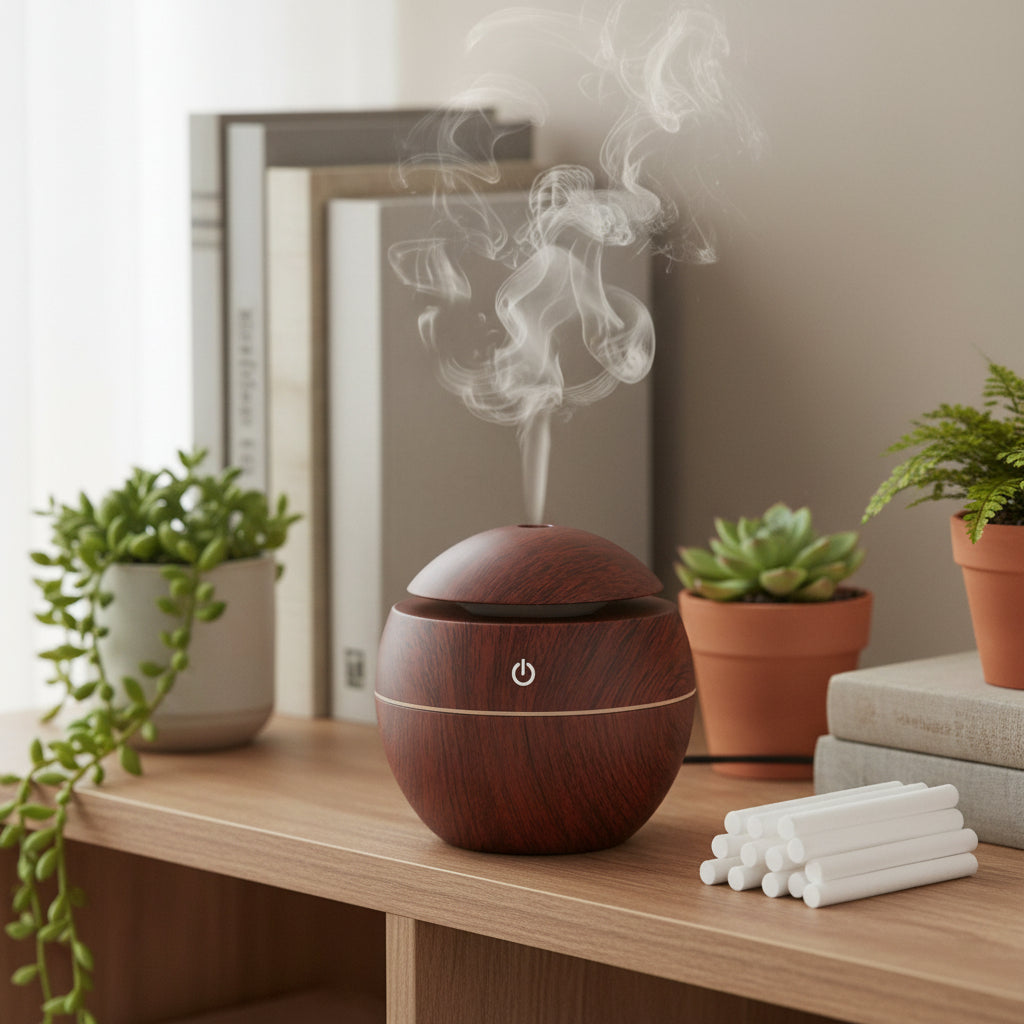 Mini Aroma Diffuser Holz, kombiniert mit natürlichen Duftstäbchen für eine entspannende Atmosphäre.