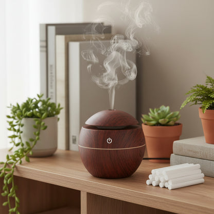 Mini Aroma Diffuser Holz, kombiniert mit natürlichen Duftstäbchen für eine entspannende Atmosphäre.