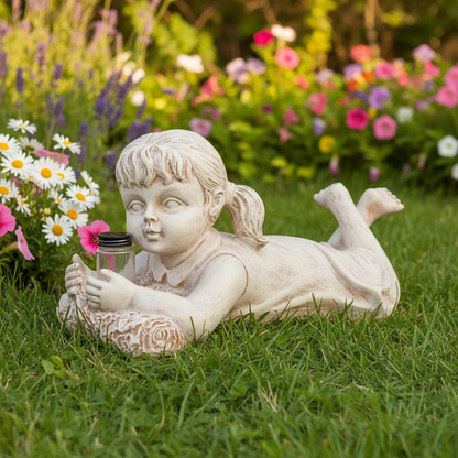 Solar Gartenfigur Junge mit Glühwürmchen – Automatisches Nachtlicht für Garten & Terrasse