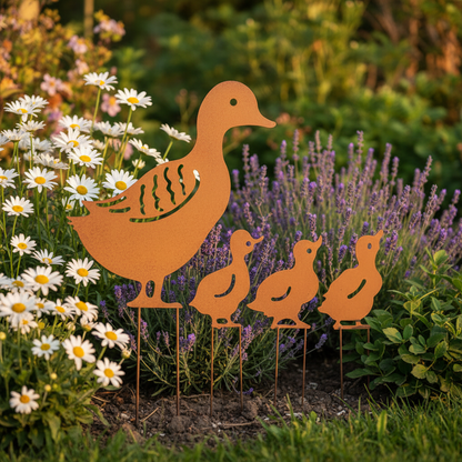 Enten-Familie Gartenstecker aus Eisen Hohle Gartendeko
