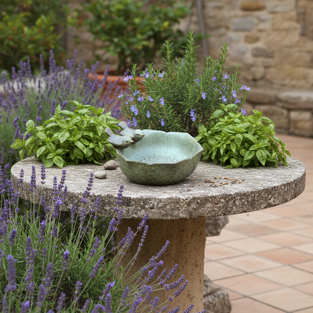 Vogelfutterstation aus Keramik auf mediterranem Steintisch zwischen Lavendel und Basilikum