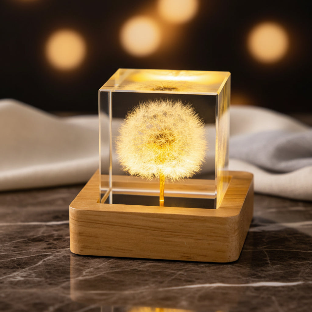 Kristallkugel Nachtlicht 5 cm Pusteblume quadratisch Glaskugel LED Holzsockel