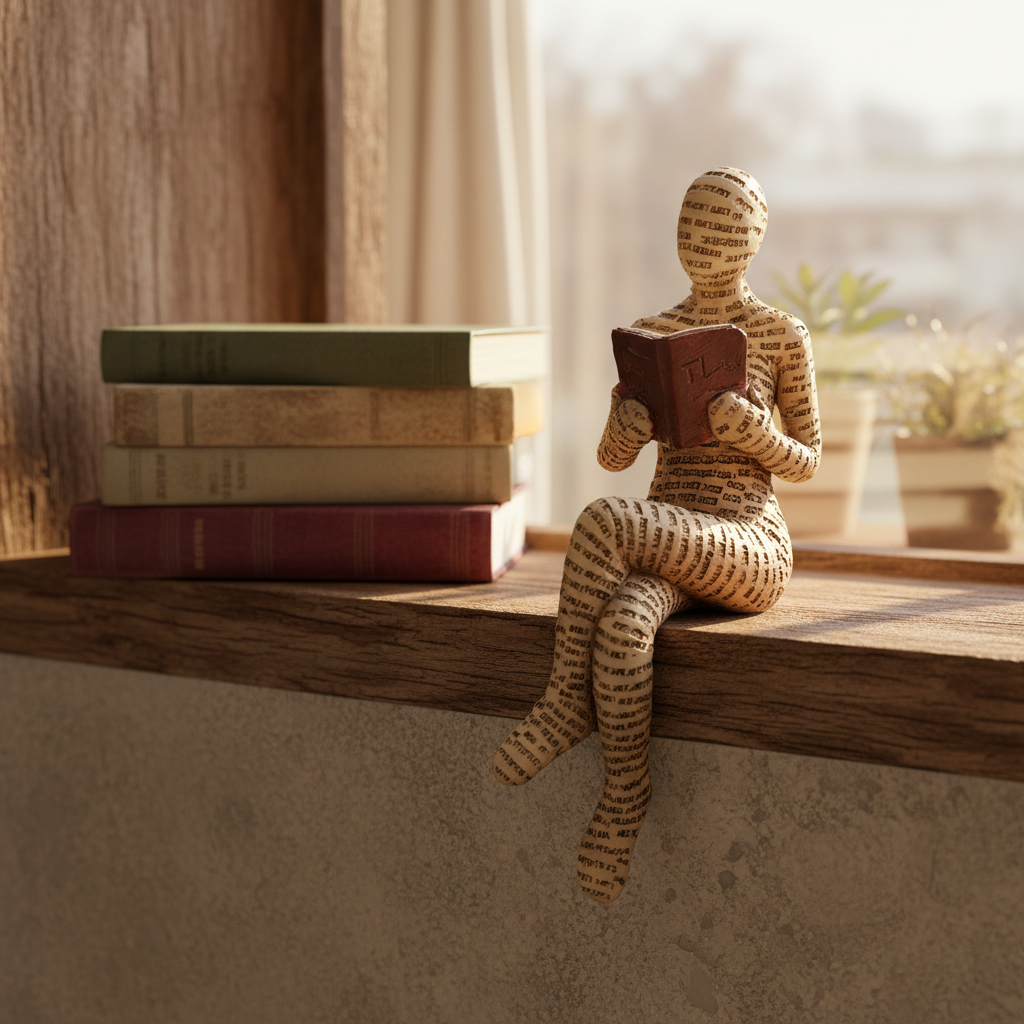 Nahaufnahme der detailreichen Lesende Frau Skulptur, dienend als perfekte Indoor-Dekoration für Leseratten.