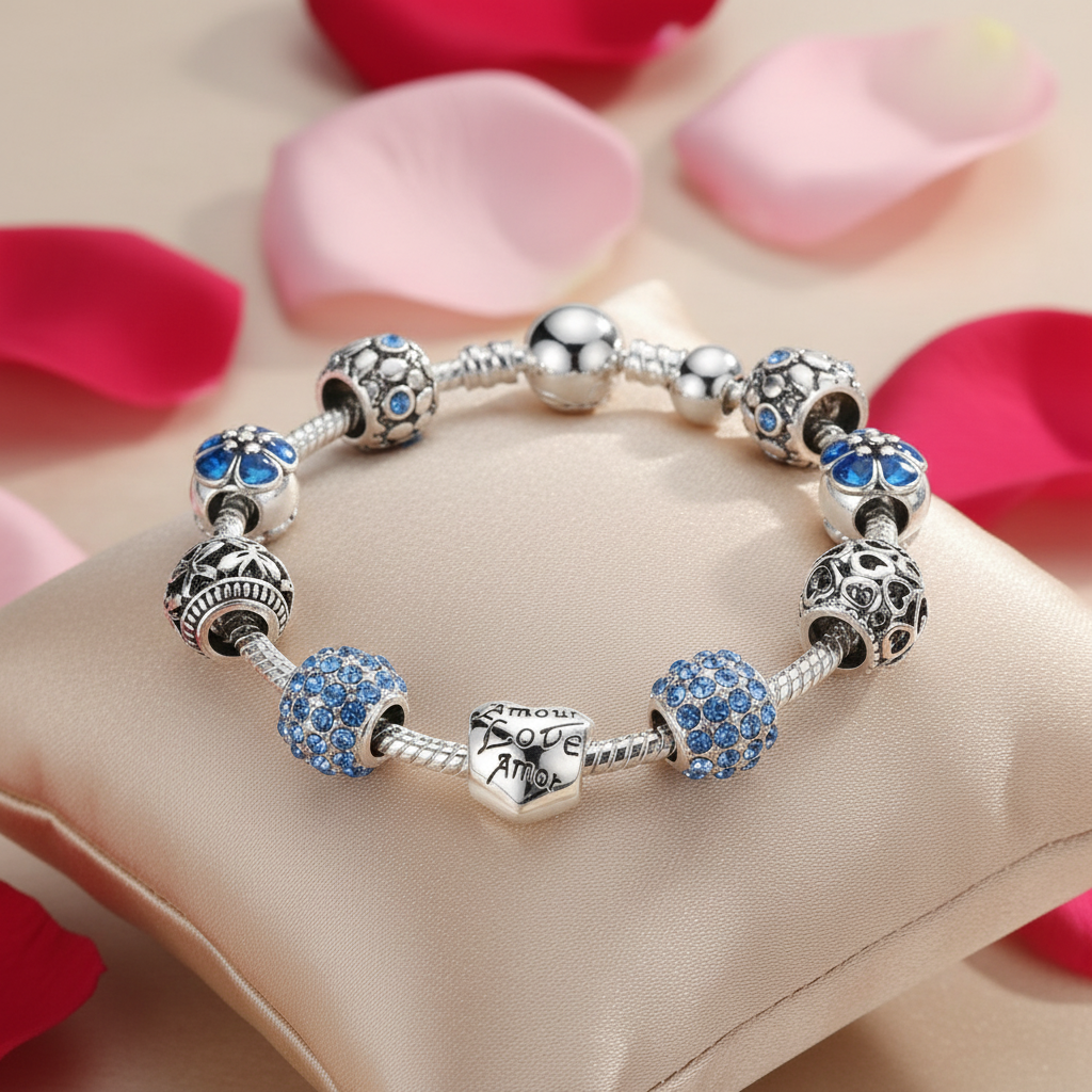 Nahaufnahme des Charm Armband Silber, das die funkelnden Glasperlen und die versilberte Kette zeigt.