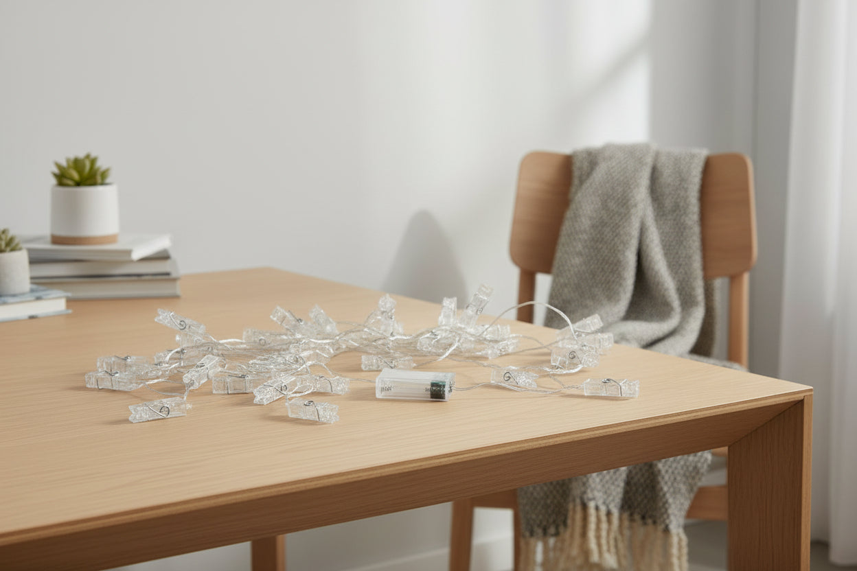 Näheaufnahme der Foto Lichterkette LED, die Polaroid-Fotos zeigt, ideal zum Dekorieren von Wänden im Kinderzimmer oder auf Partys.