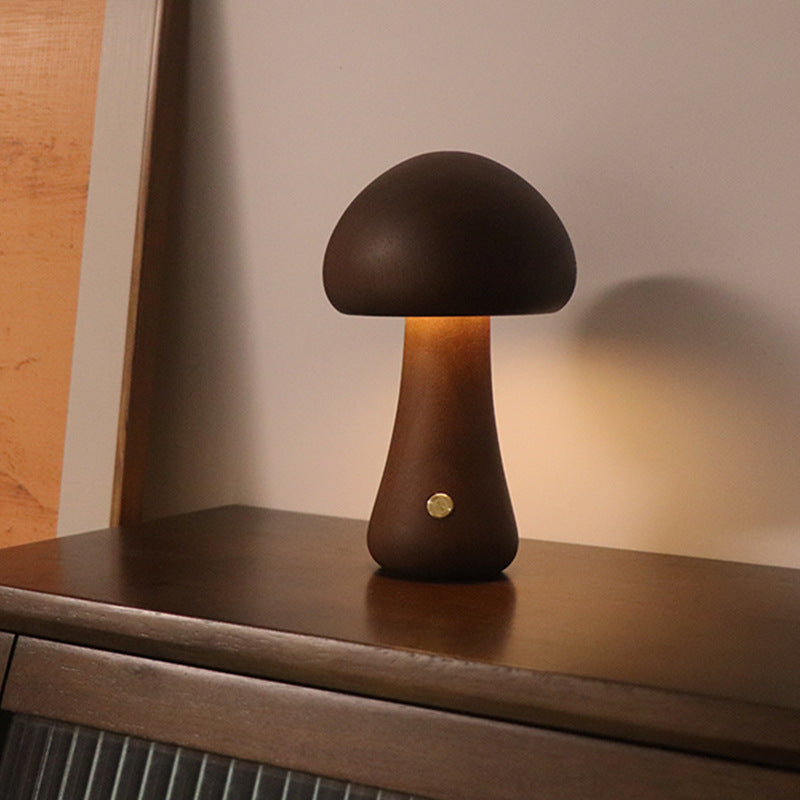 LED Pilzlampe Schlank Nussbaum – Holz Nachttischlampe Touch Nachtlicht