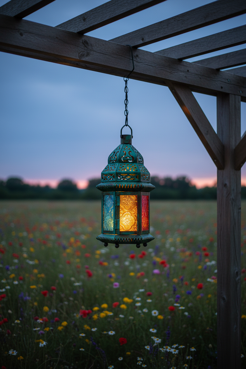 Schwarze Metall-Gartenlaterne Marokko-Stil mit mehrfarbigen Glasscheiben, hängend für Pergola