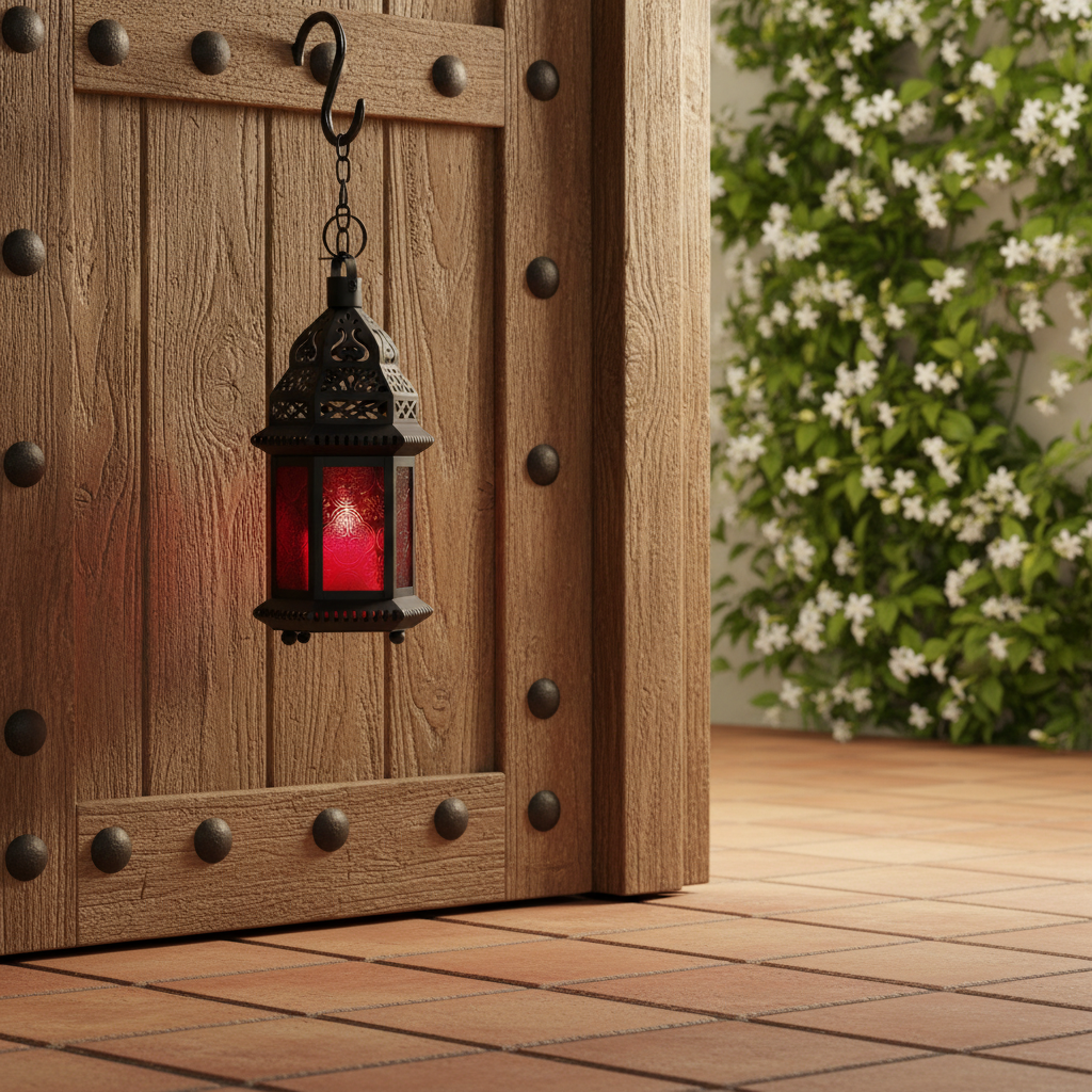 Schwarze Metall-Gartenlaterne mit rotem Glas im Marokko-Stil mit Ornament-Durchbruch für Garten