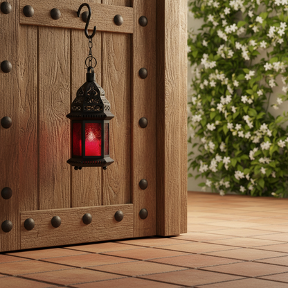 Schwarze Metall-Gartenlaterne mit rotem Glas im Marokko-Stil mit Ornament-Durchbruch für Garten