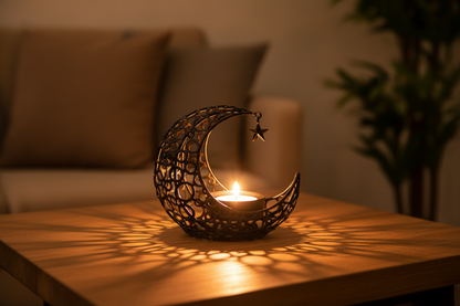 Detailaufnahme des Mond Teelichthalters mit Stern und ornamentalen Mustern.