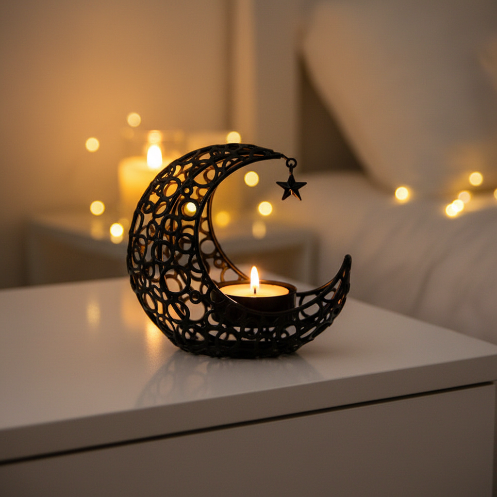 Schwarzer Mond Teelichthalter in einem gemütlichen Wohnzimmer, perfektes Ambiente zum Entspannen.