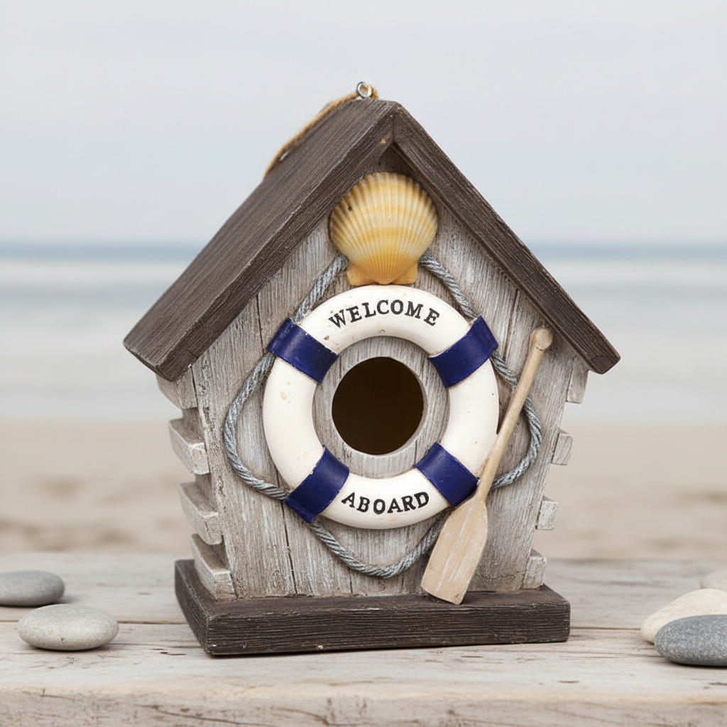 Maritimer Nistkasten aus Kunstharz mit Welcome-Aboard-Rettungsring am Sandstrand mit Kieselsteinen