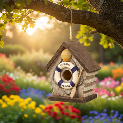Dekoratives Vogelhäuschen hängt an einem Gartenbaum umgeben von bunten Sommerblumen