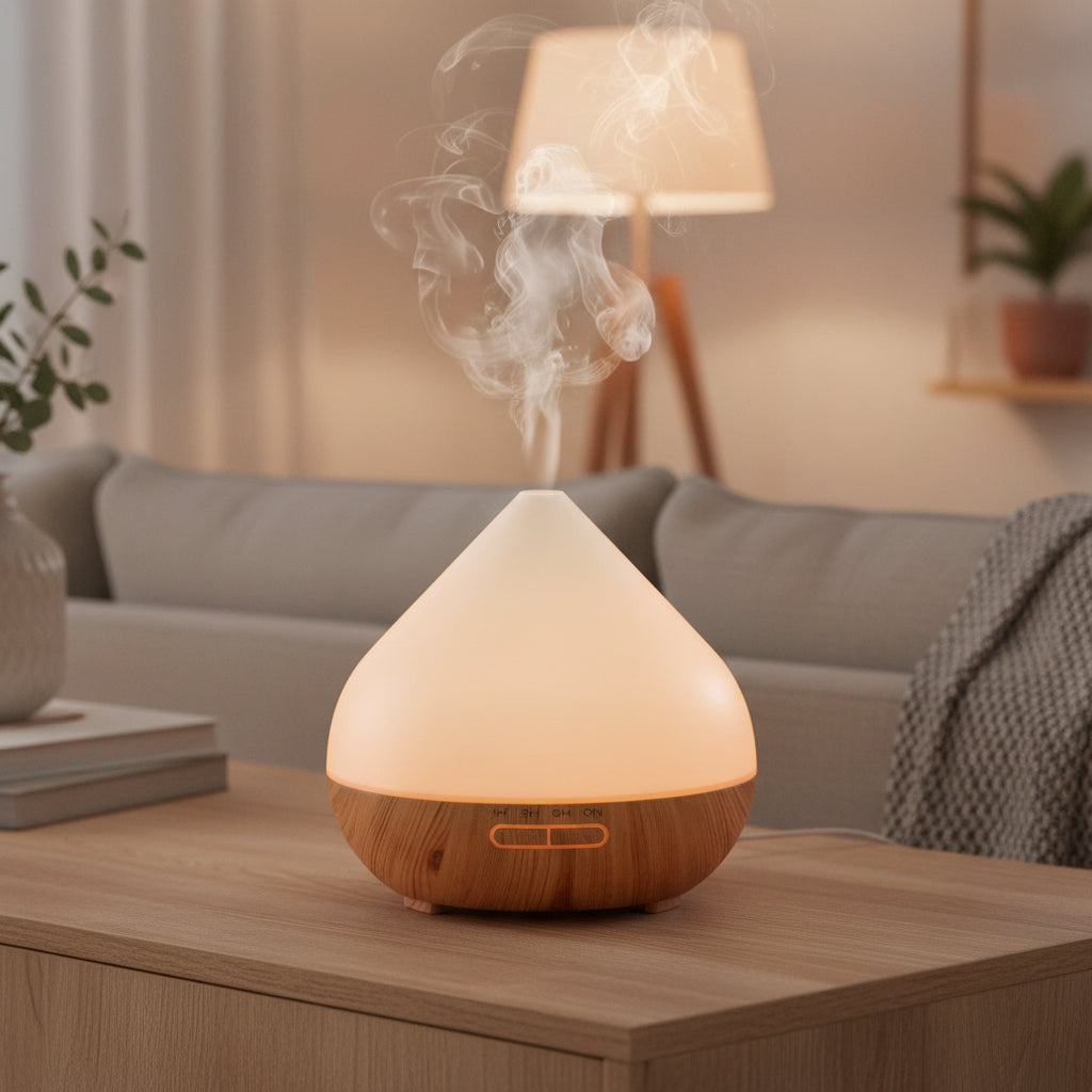 Aroma Diffuser 400ml LED mit eleganter Holzoptik und Fernbedienung, ideal für Duftverbreitung und Wellness im Zuhause.