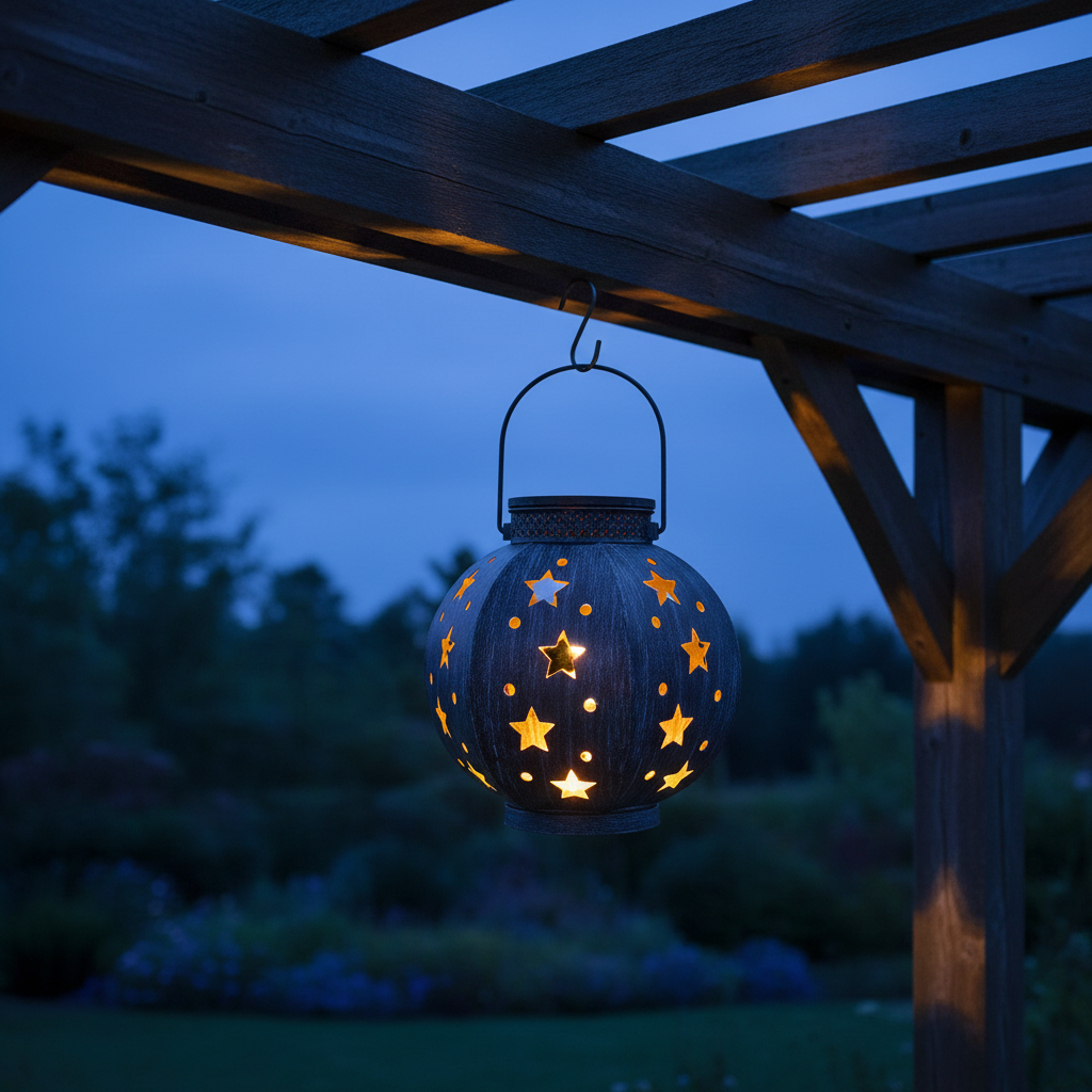 Solarlaterne leuchtet warm zwischen hohem Sommergras und Wildblumen am Abend