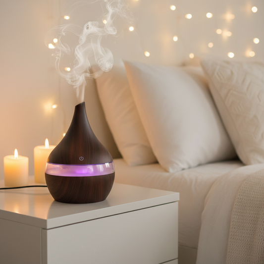 Mini Aroma Diffuser USB Holzoptik in eleganter Tropfenform mit LED-Beleuchtung, ideal für jedes Interieur und flüsterleise.