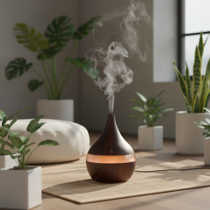 Mini Aroma Diffuser USB Holzoptik in der Vasenform, ideal für Aromatherapie und Wellness im Taschenformat.