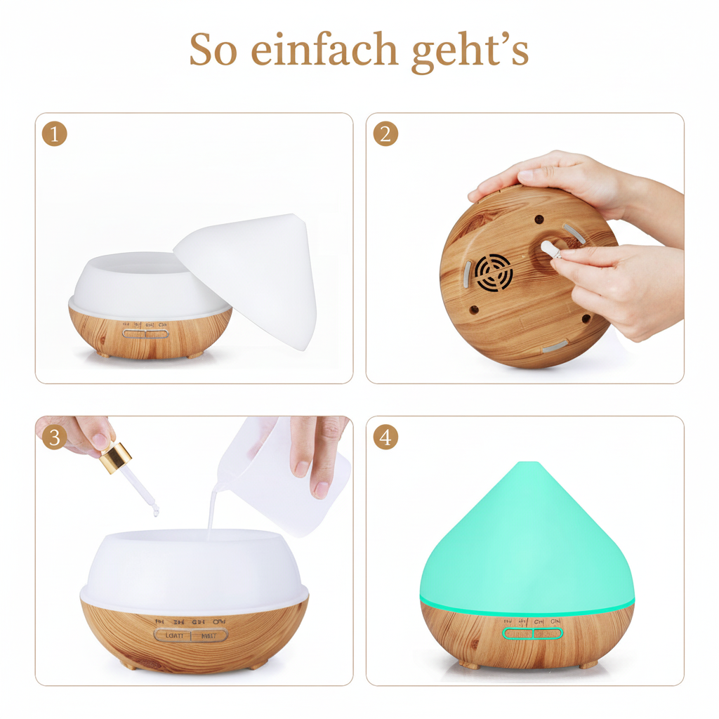 Aroma Diffuser 400ml LED in dunkler Holzoptik, perfekt für stimmungsvolle Beleuchtung und Aromatherapie.
