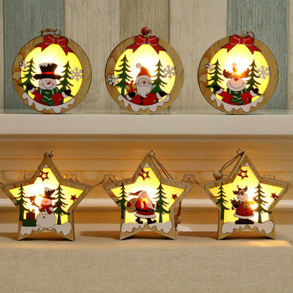 Leuchtende Holz Weihnachtsanhänger LED – Set von sechs dekorativen Anhängern in runder und sternförmiger Form, perfekt für festliche Weihnachtsdeko.