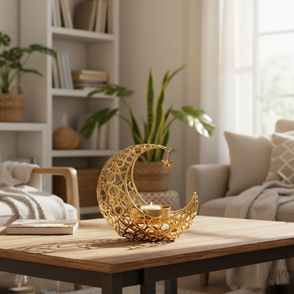 Zwei Varianten des Mond Teelichthalters, gold und schwarz, ideal für besondere Anlässe.