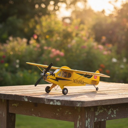 Flugzeug Windrad Detailansicht – Gelbes Metall Windspiel Piper Cub Modell