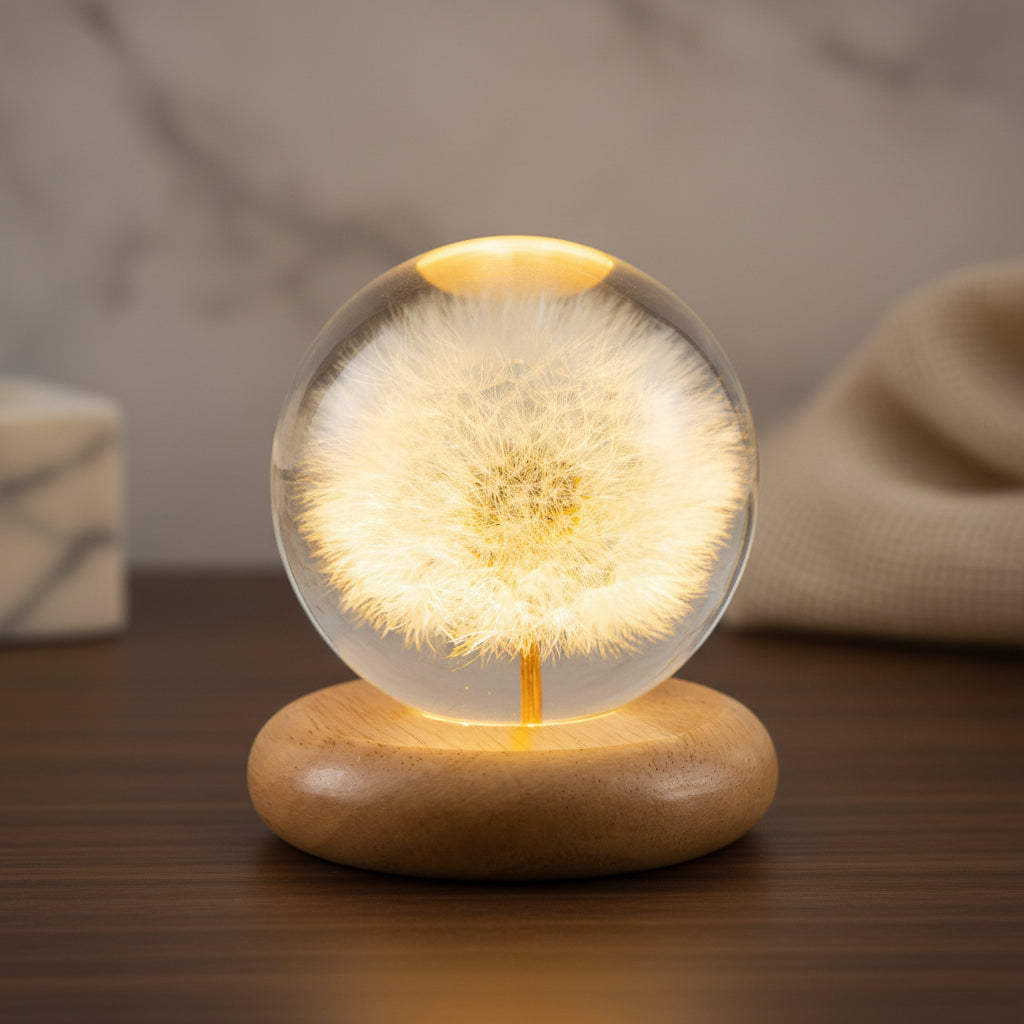 Kristallkugel Nachtlicht 8 cm Pusteblume Glaskugel Nachtlampe Holzsockel gross