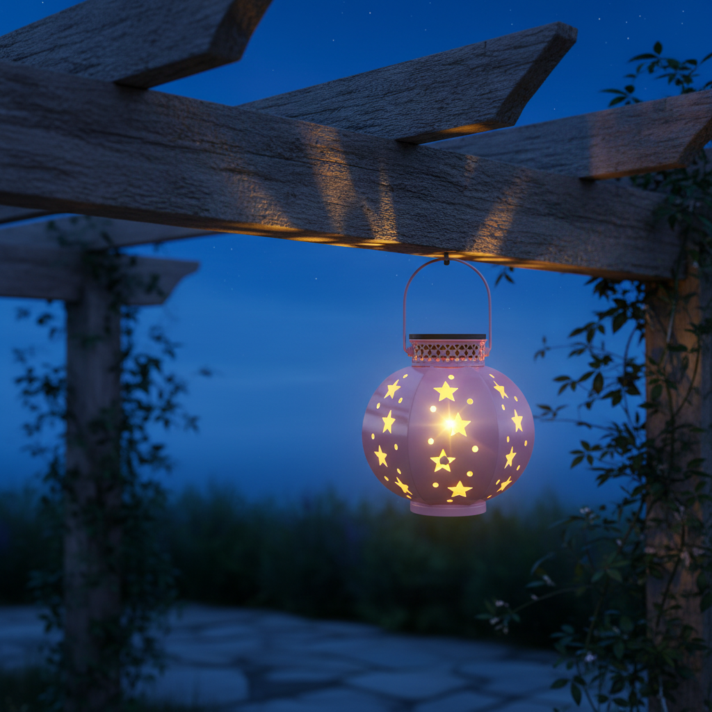 Dunkelblaue Solar Laterne auf der Terrasse während des magischen Tageswechsels